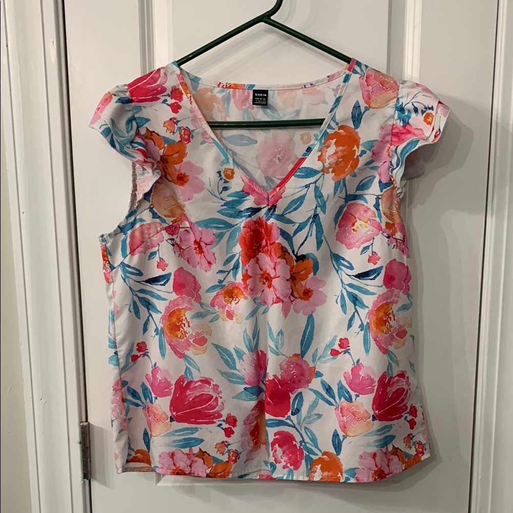 SHEIN Pink and Blue Ruffled Tie Front Blouse